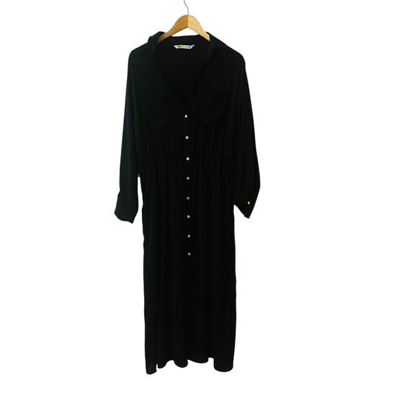 Zara Striped Button Front Ling Sleeve Shirt Dress Size XL Black - Picture 2 of 9
